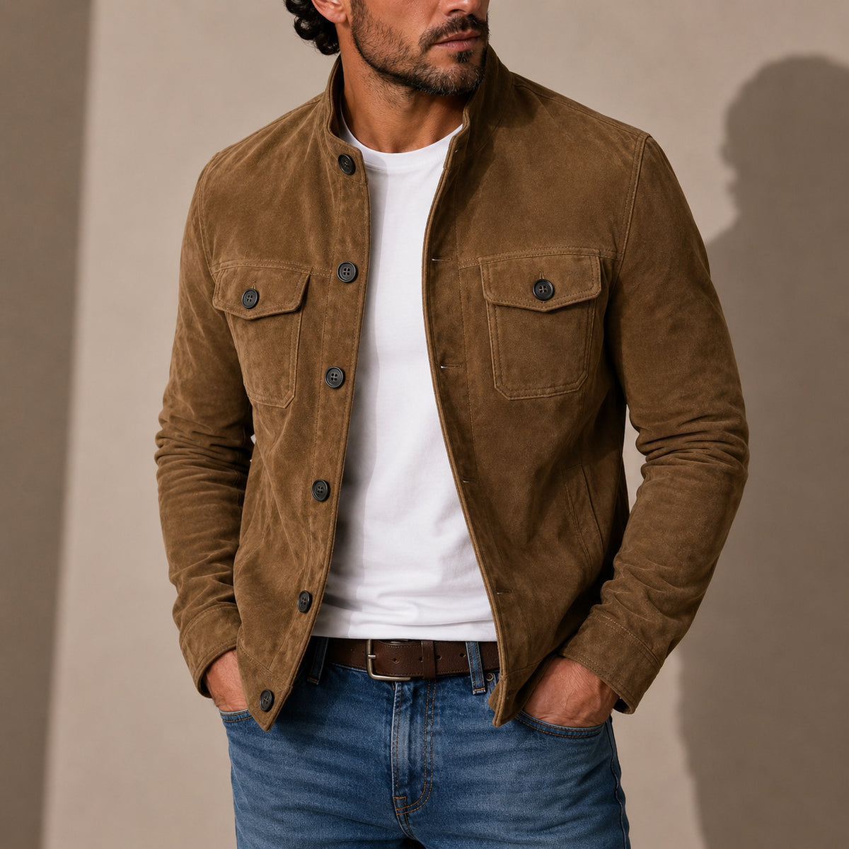 Men's Collared Button-Up Faux Suede Jacket