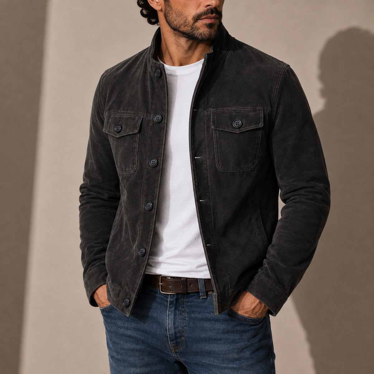 Men's Collared Button-Up Faux Suede Jacket