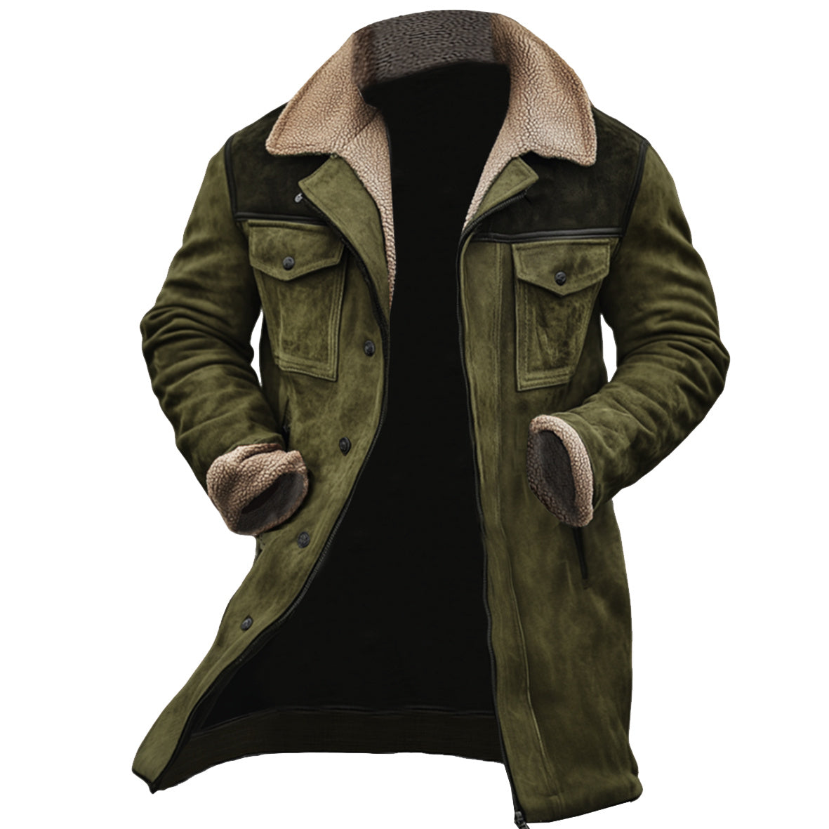 Men's Collared Button-Up Long Coat