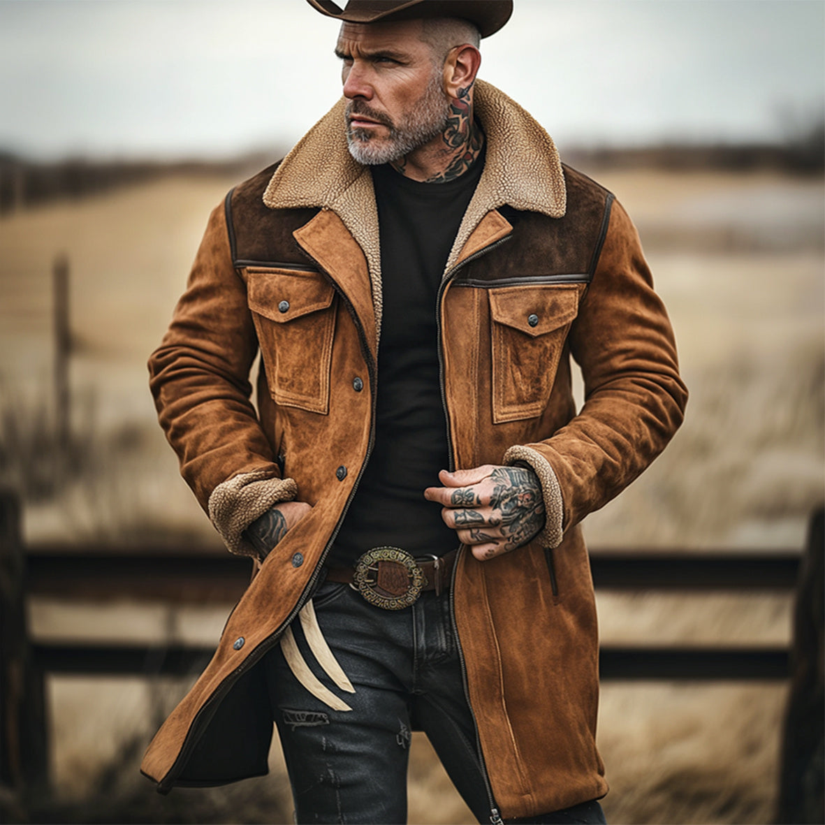 Men's Collared Button-Up Long Coat