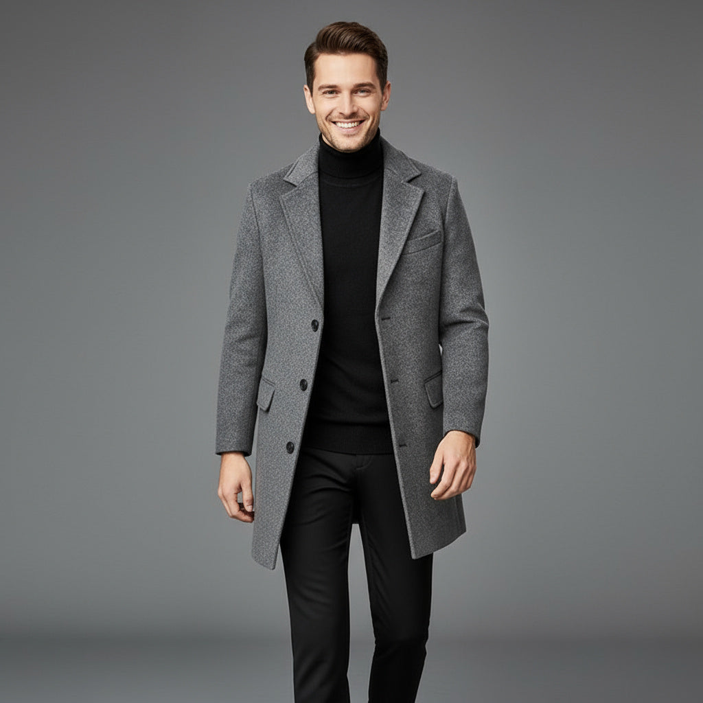 Men's Collared Button-Up Wool Blend Coat