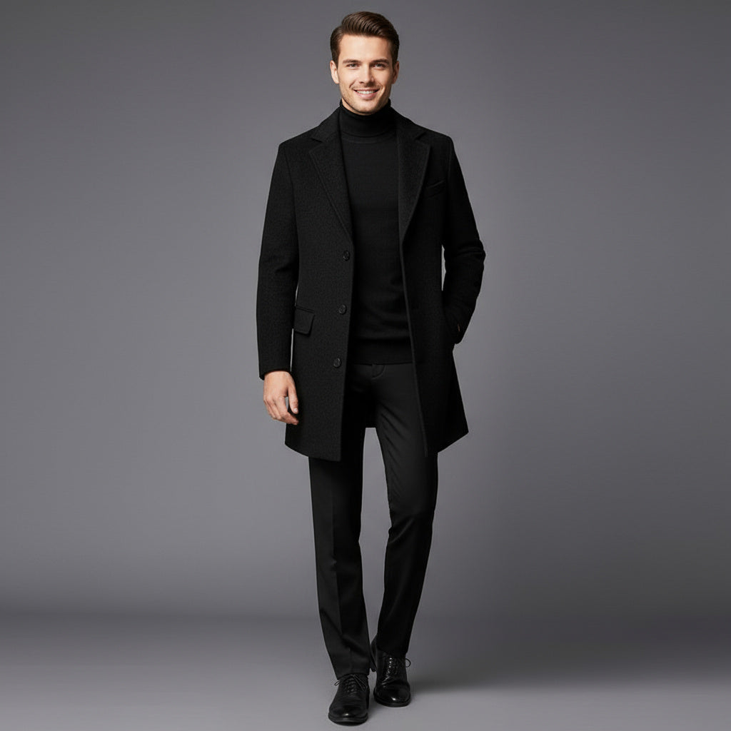 Men's Collared Button-Up Wool Blend Coat