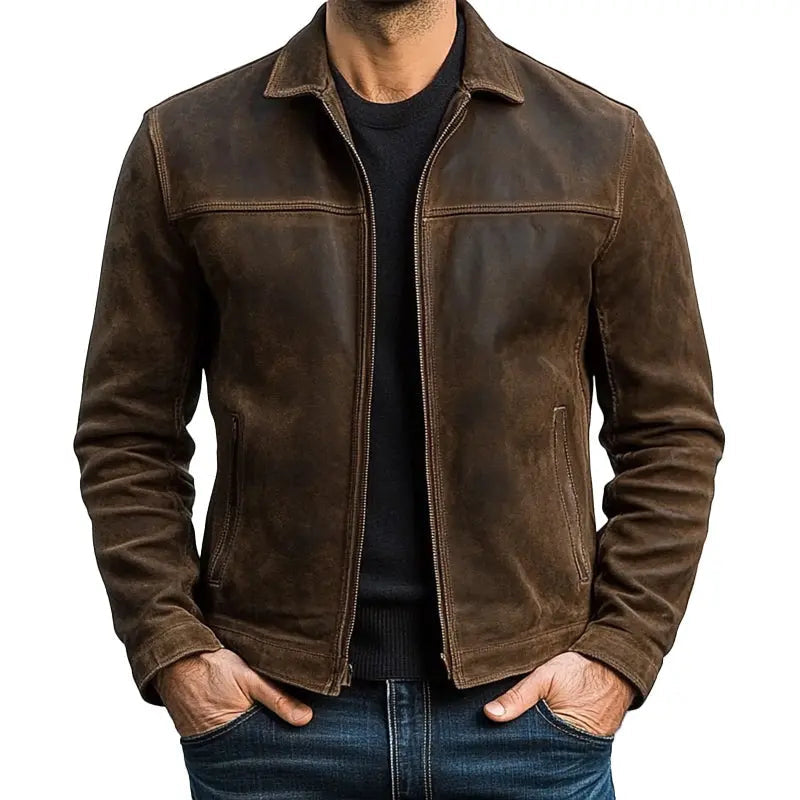 Men's Collared Fitted Leather Jacket