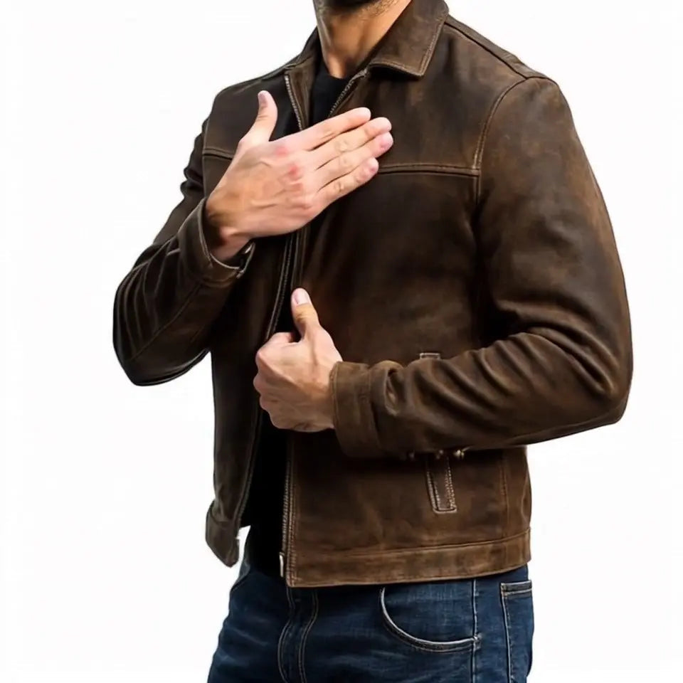 Men's Collared Fitted Leather Jacket