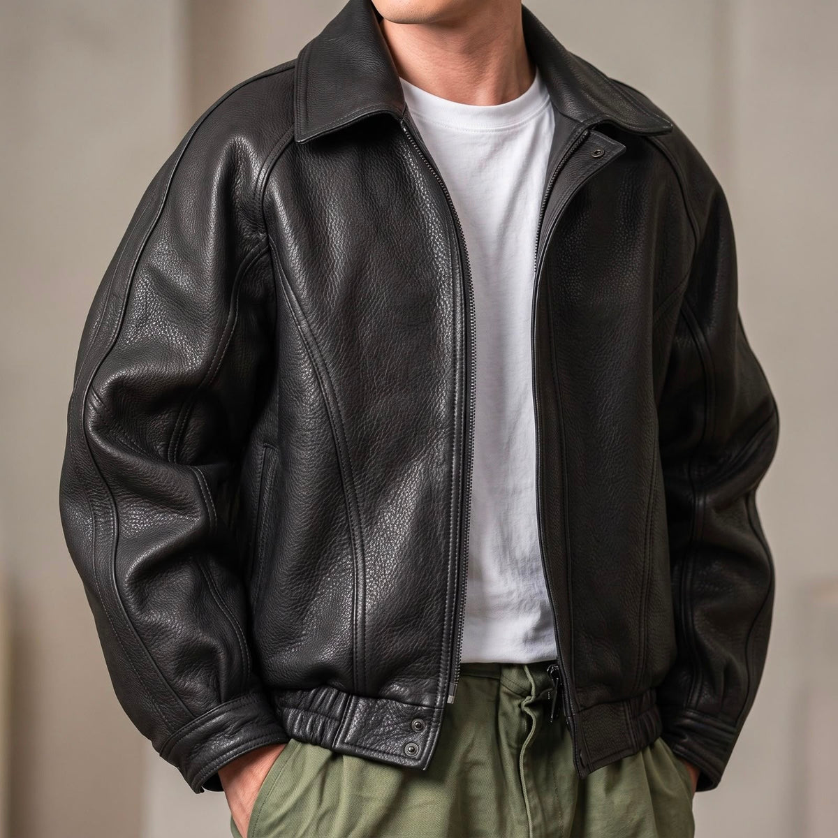 Men's Collared Leather Jacket