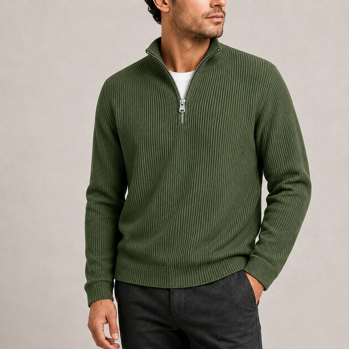 Men's Collared Ribbed Quarter Zip Jumper
