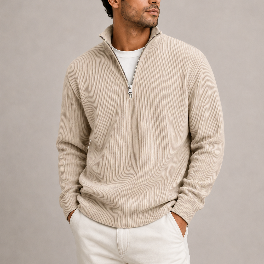 Men's Collared Ribbed Quarter Zip Jumper