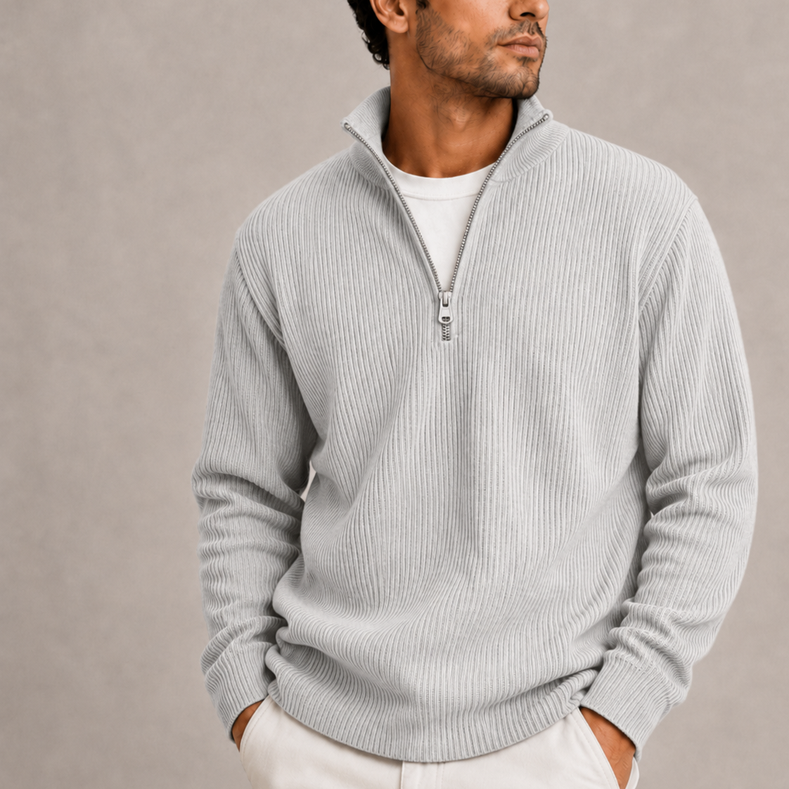 Men's Collared Ribbed Quarter Zip Jumper