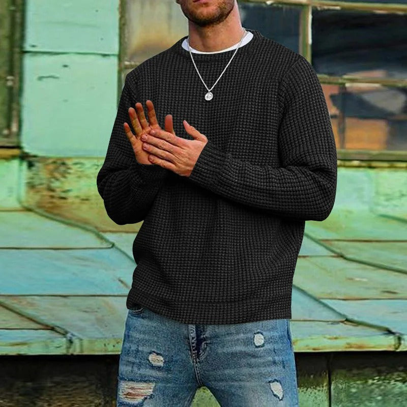 Men's Crew Neck Textured Waffle Knit Jumper