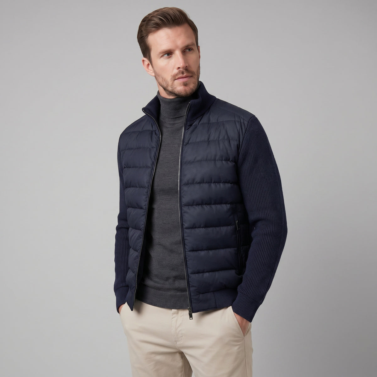 Men's Funnel Neck Zip-Up Hybrid Quilted Jacket