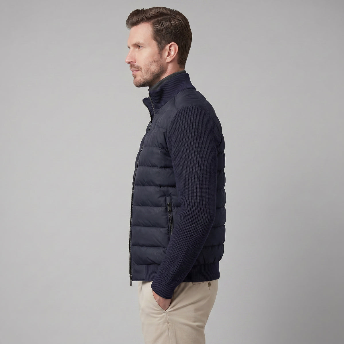 Men's Funnel Neck Zip-Up Hybrid Quilted Jacket