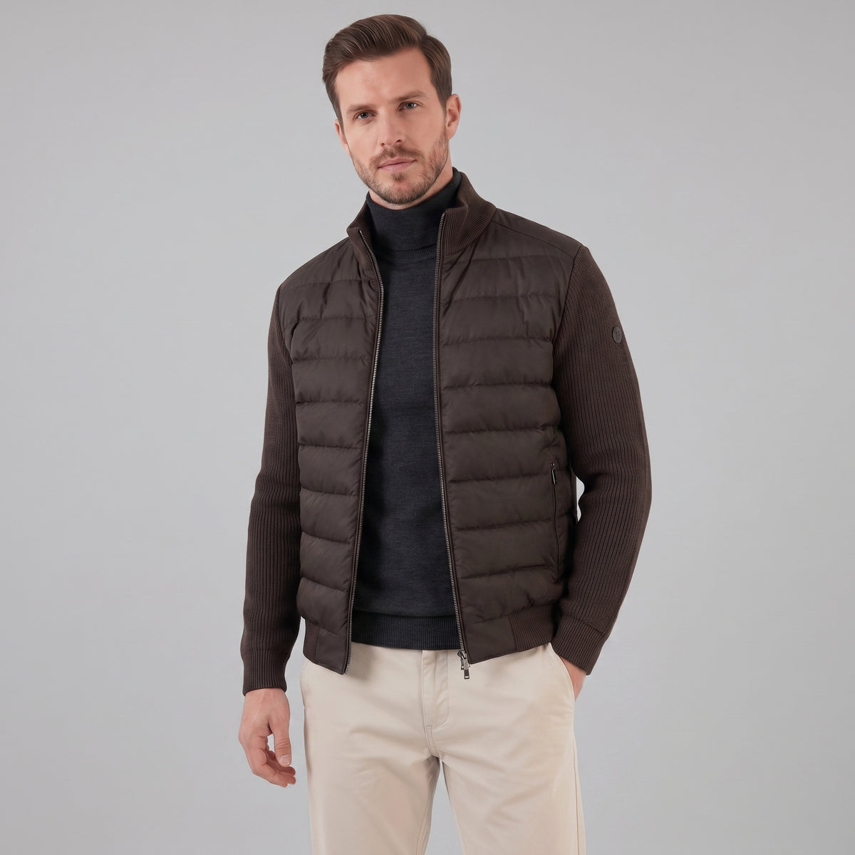 Men's Funnel Neck Zip-Up Hybrid Quilted Jacket
