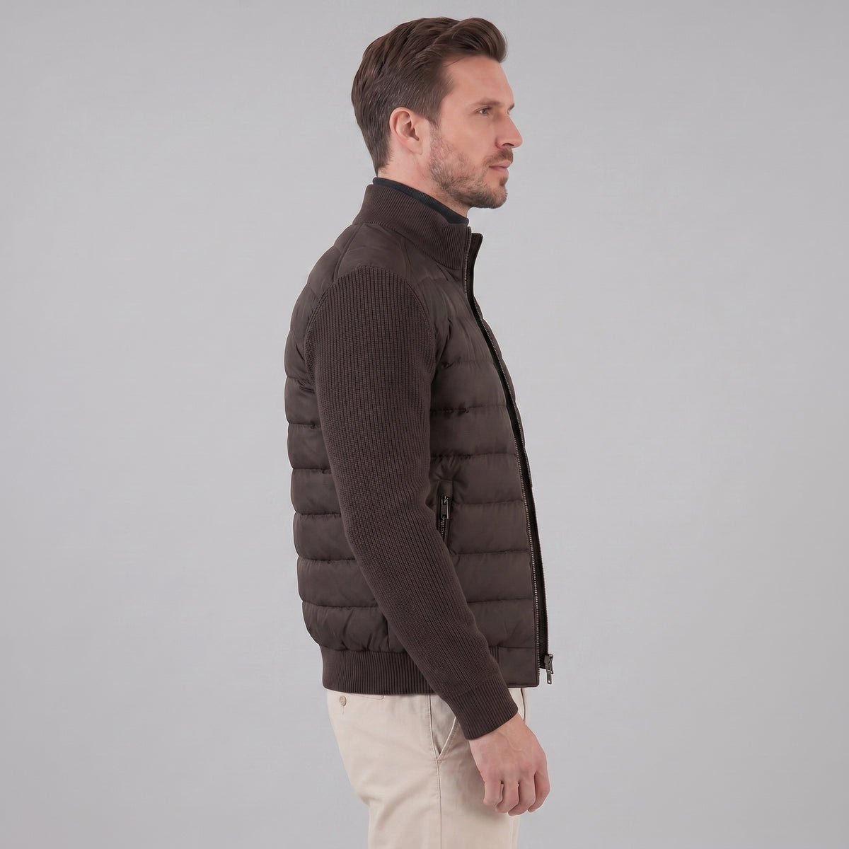 Men's Funnel Neck Zip-Up Hybrid Quilted Jacket