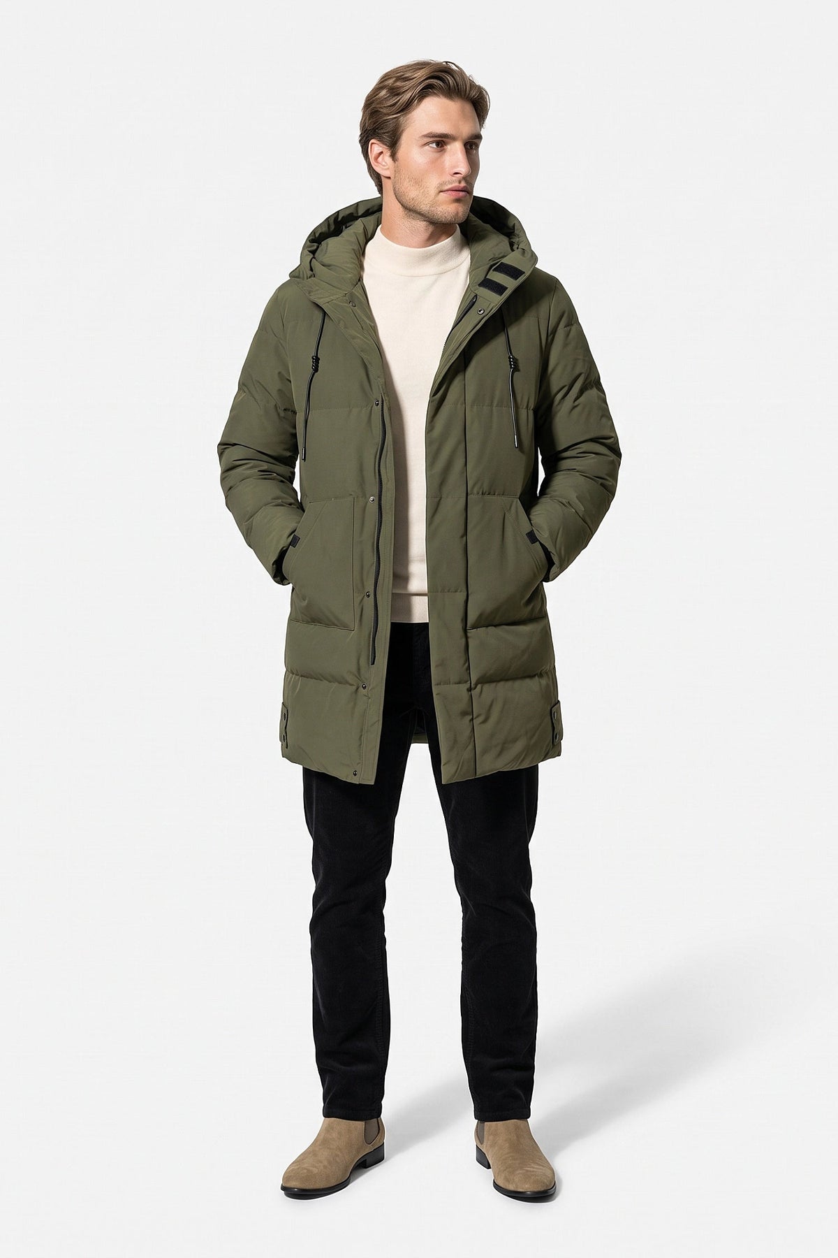 Men's High Neck Hooded Long Puffer Coat