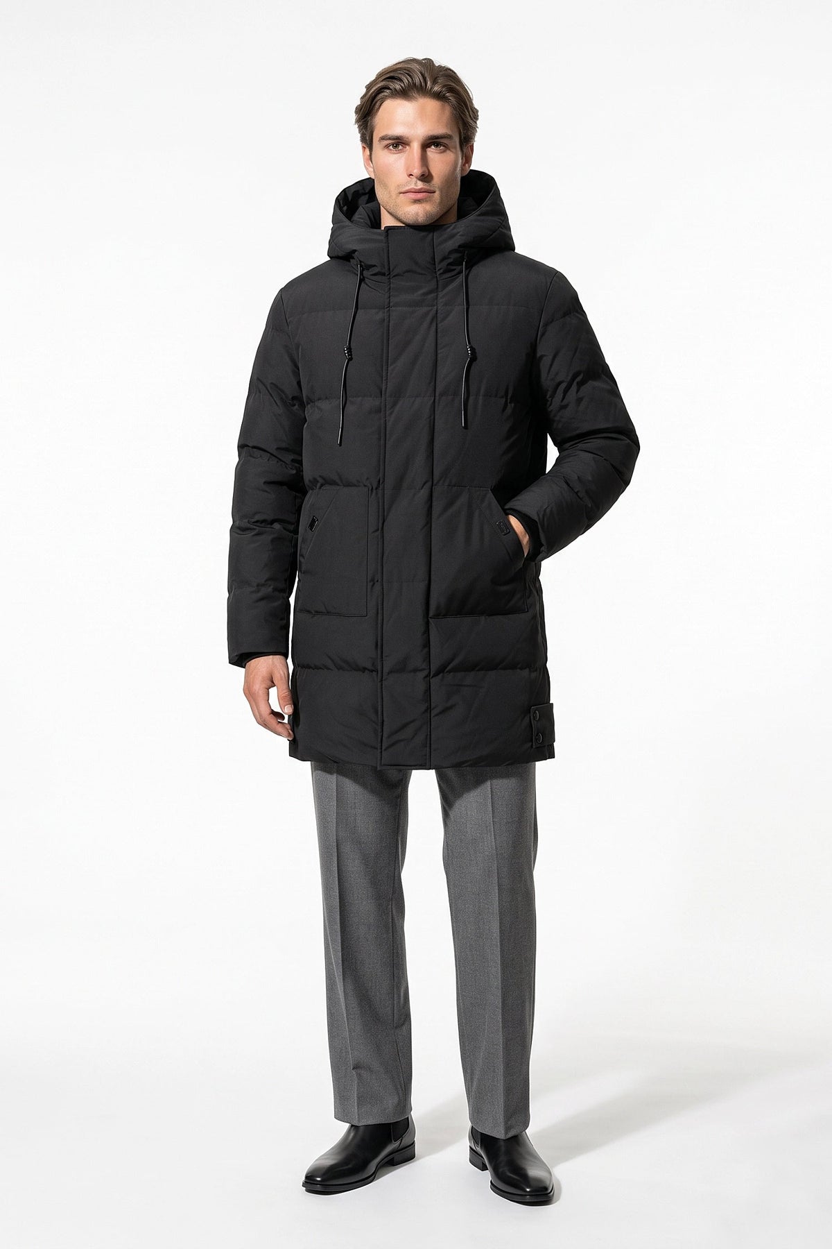 Men's High Neck Hooded Long Puffer Coat