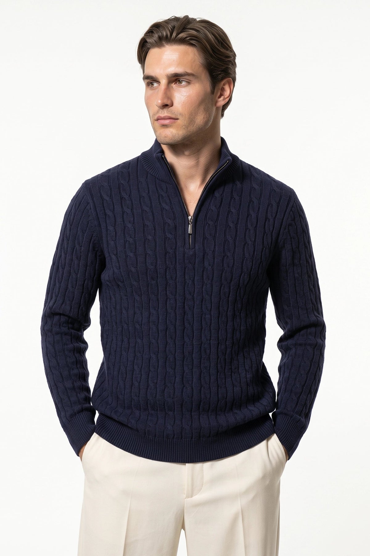 Men's High Neck Zip-Up Cable Knit Jumper