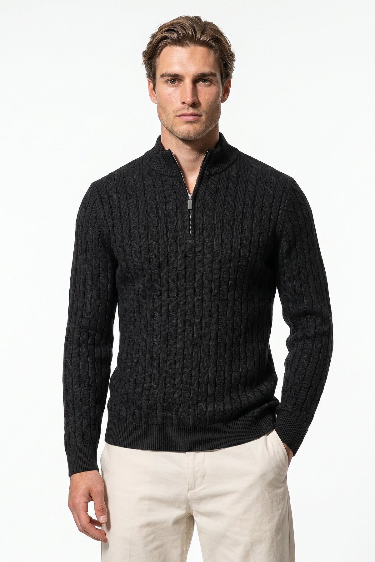 Men's High Neck Zip-Up Cable Knit Jumper