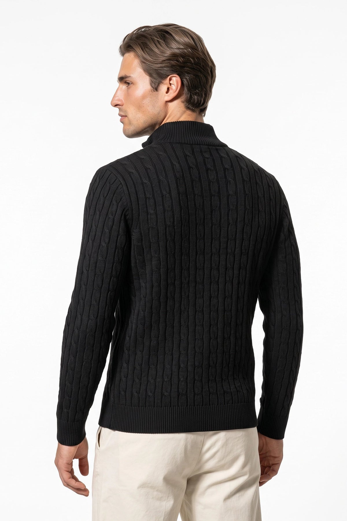 Men's High Neck Zip-Up Cable Knit Jumper