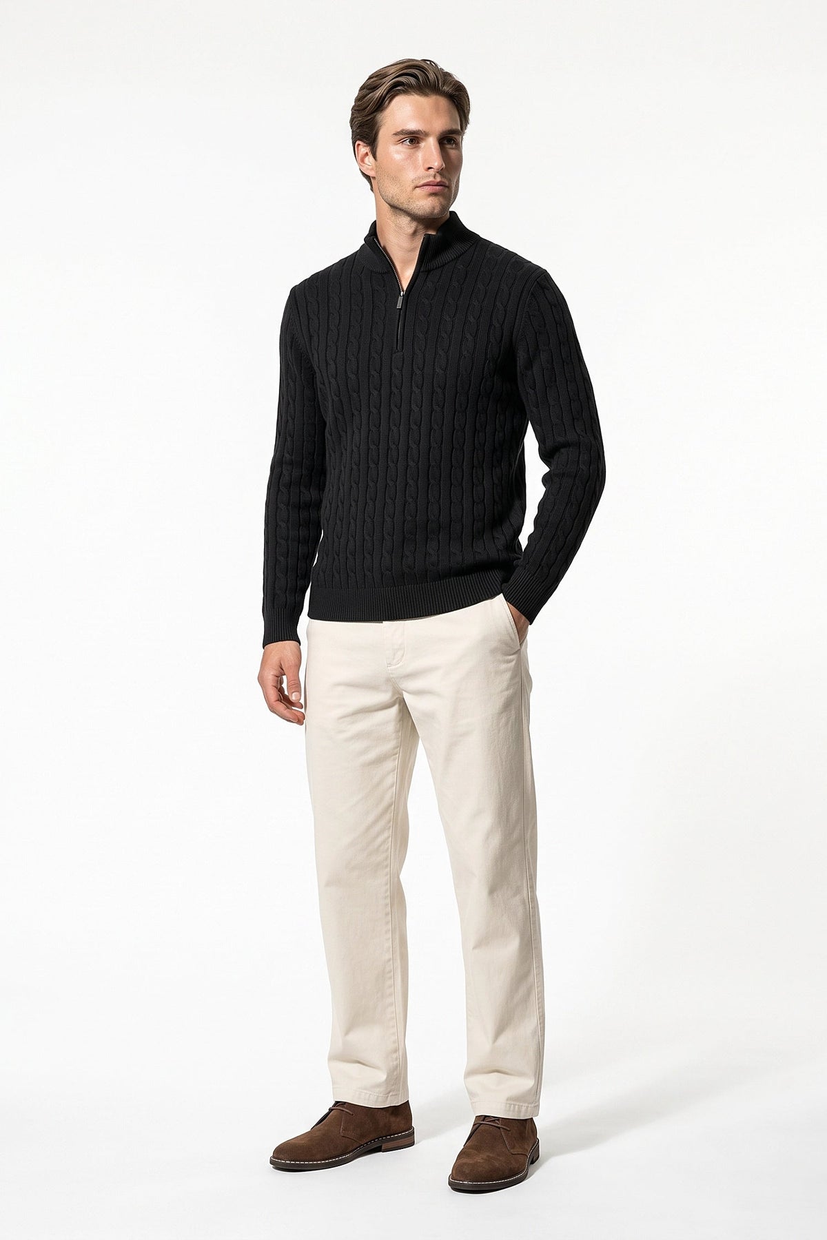 Men's High Neck Zip-Up Cable Knit Jumper
