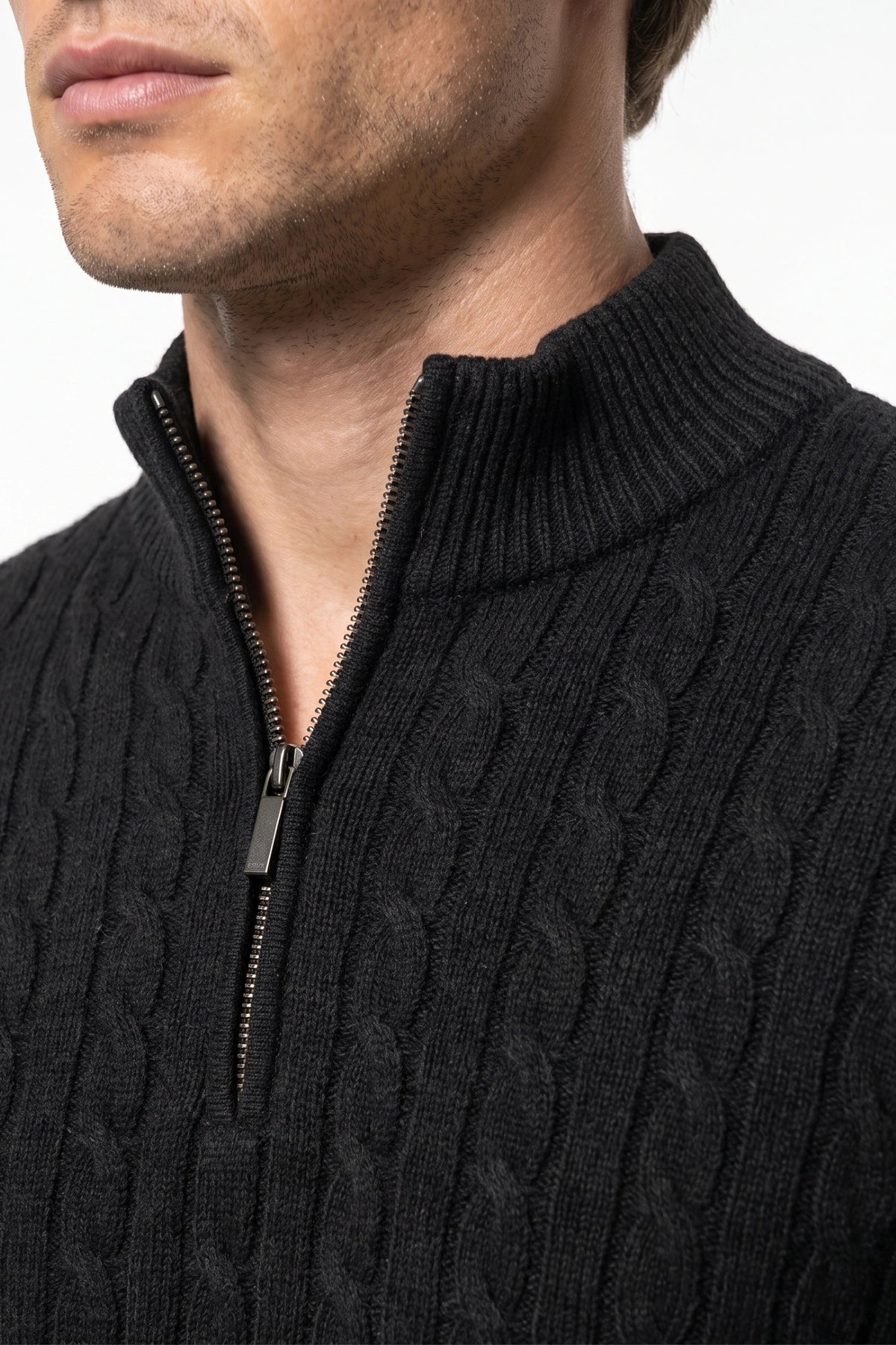 Men's High Neck Zip-Up Cable Knit Jumper