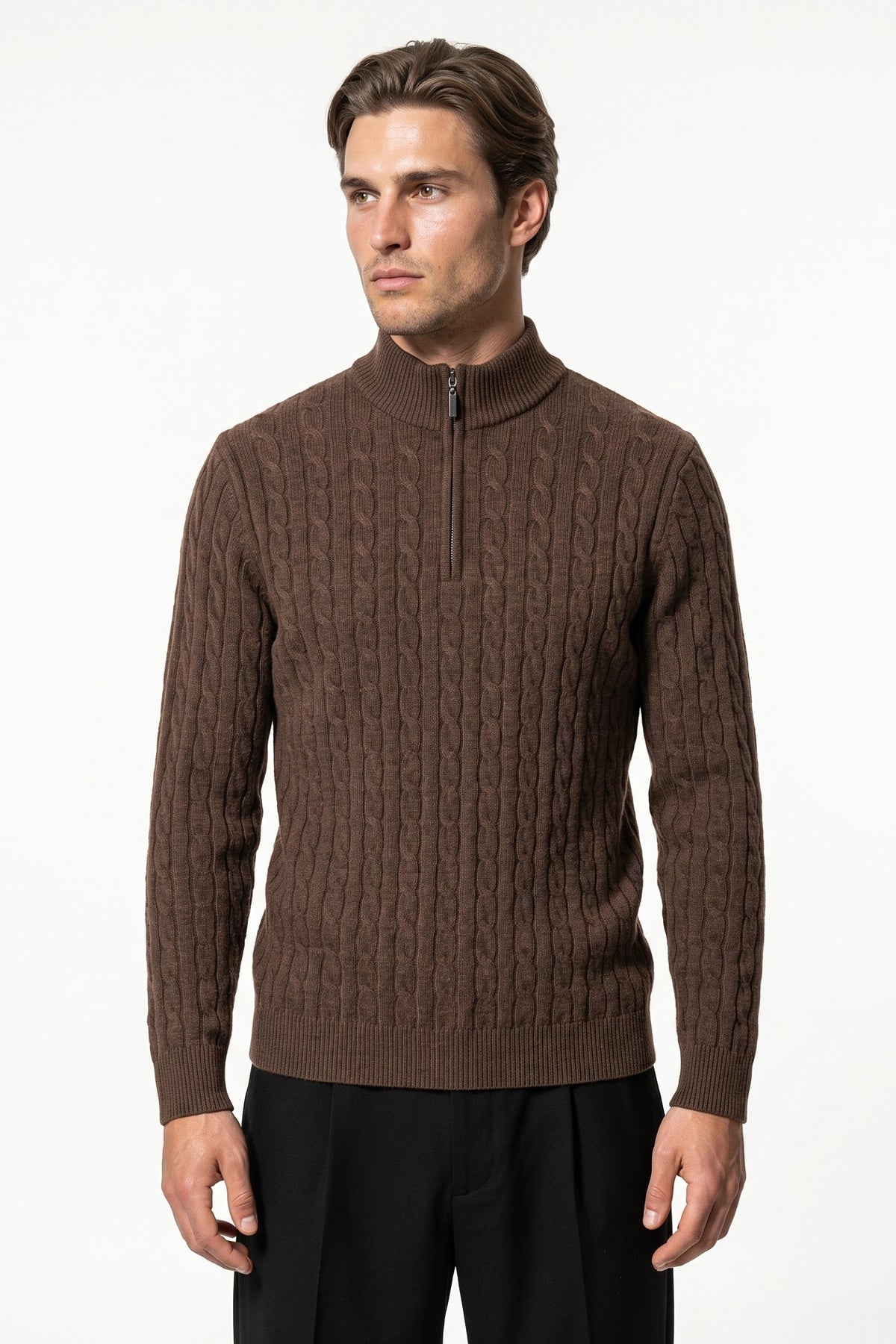 Men's High Neck Zip-Up Cable Knit Jumper