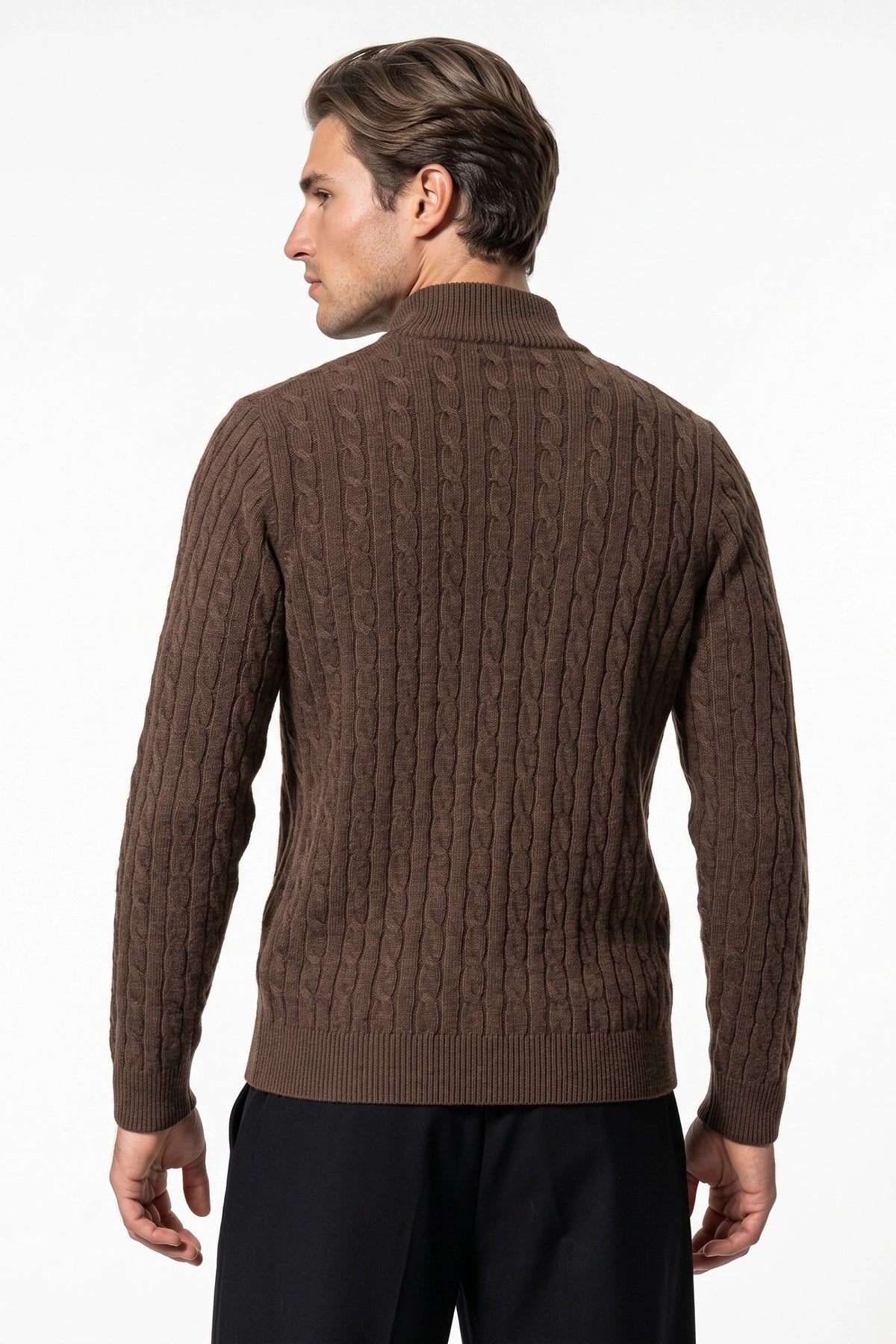 Men's High Neck Zip-Up Cable Knit Jumper