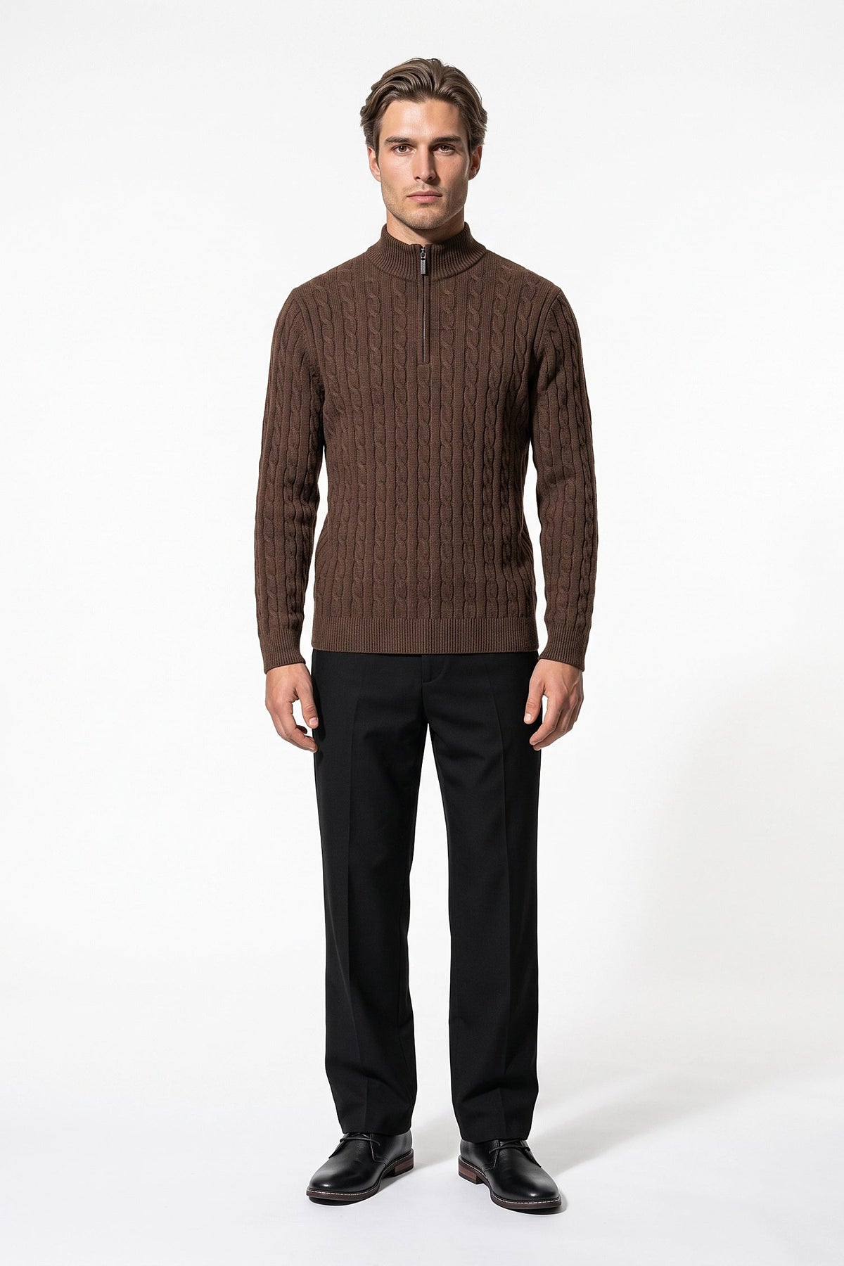Men's High Neck Zip-Up Cable Knit Jumper
