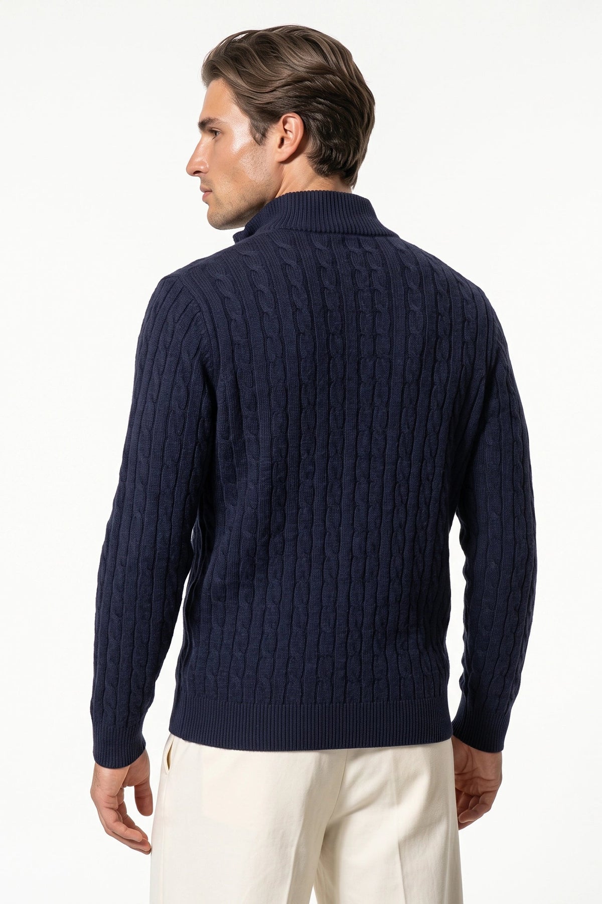 Men's High Neck Zip-Up Cable Knit Jumper