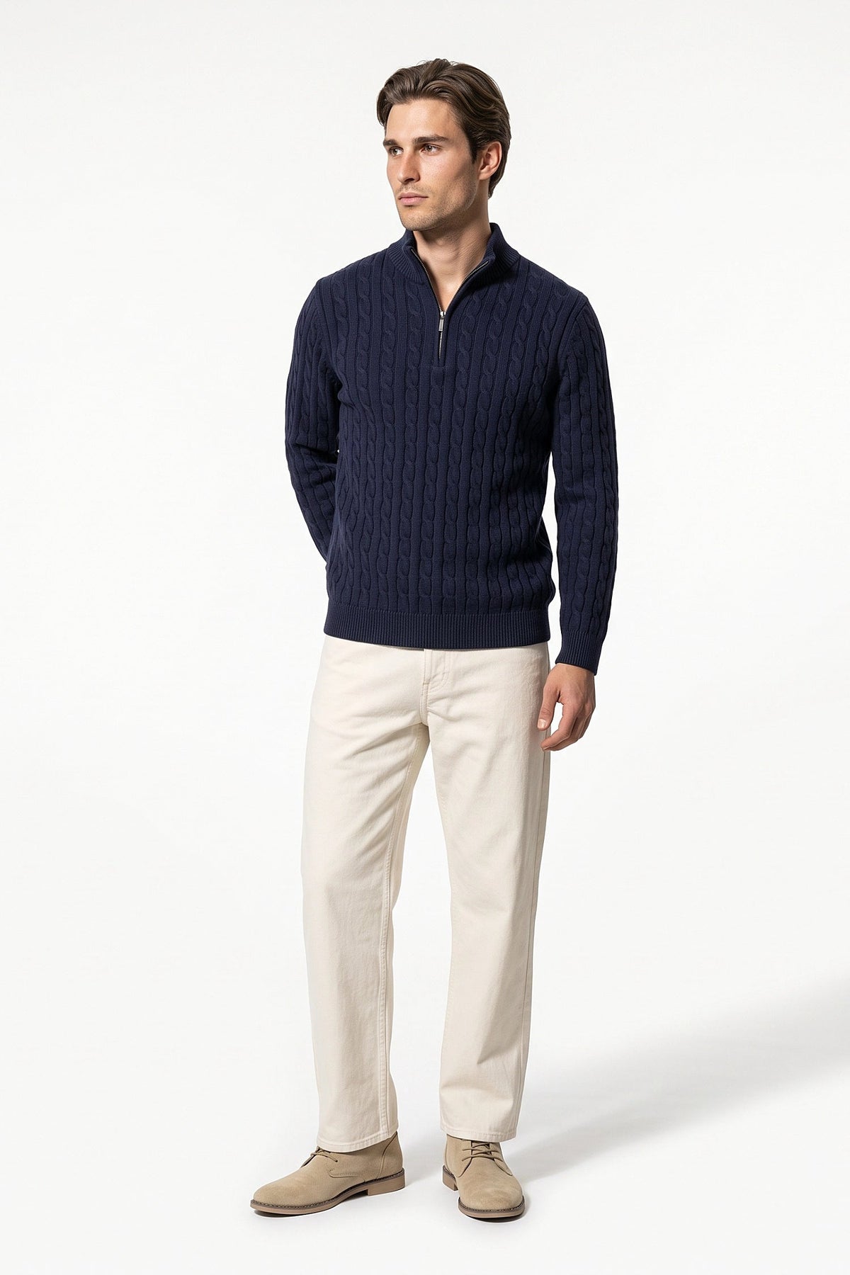 Men's High Neck Zip-Up Cable Knit Jumper