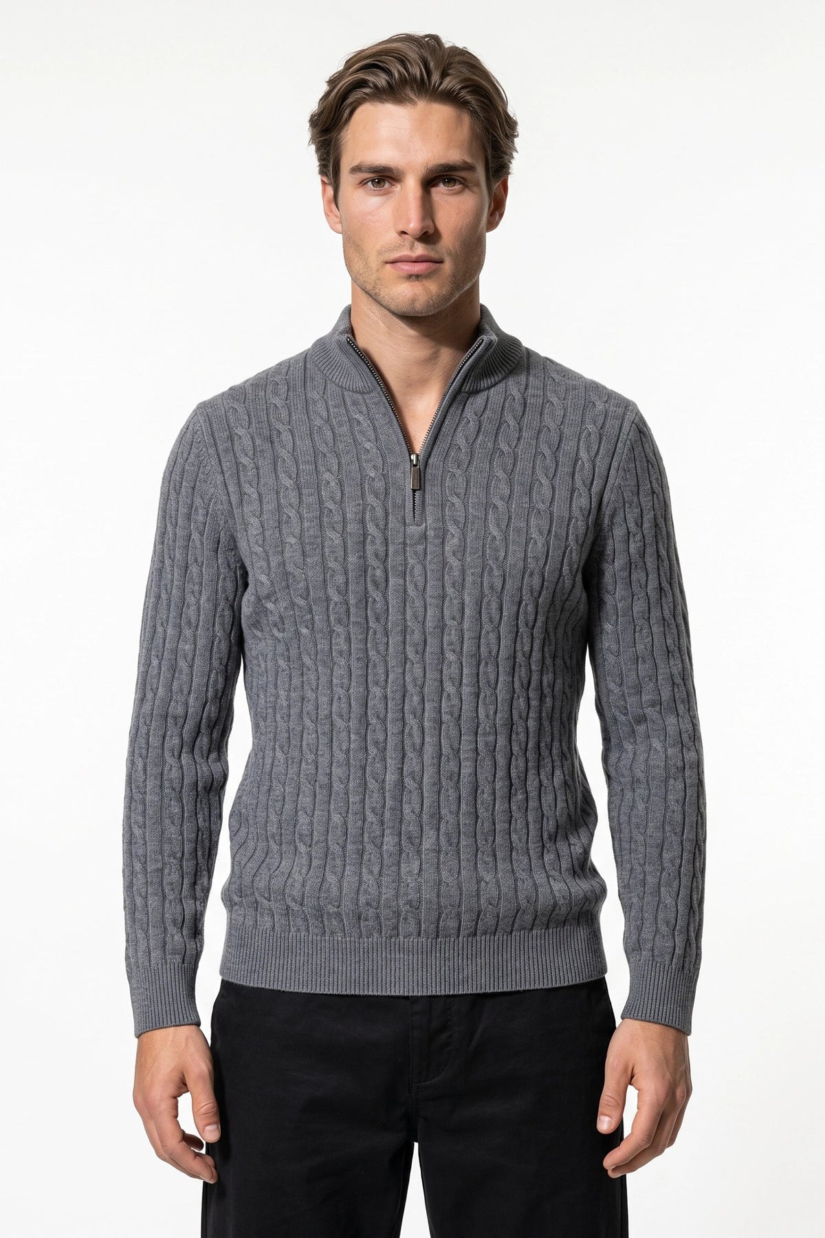 Men's High Neck Zip-Up Cable Knit Jumper