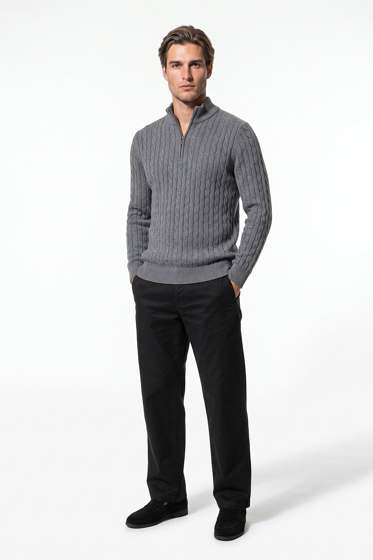 Men's High Neck Zip-Up Cable Knit Jumper