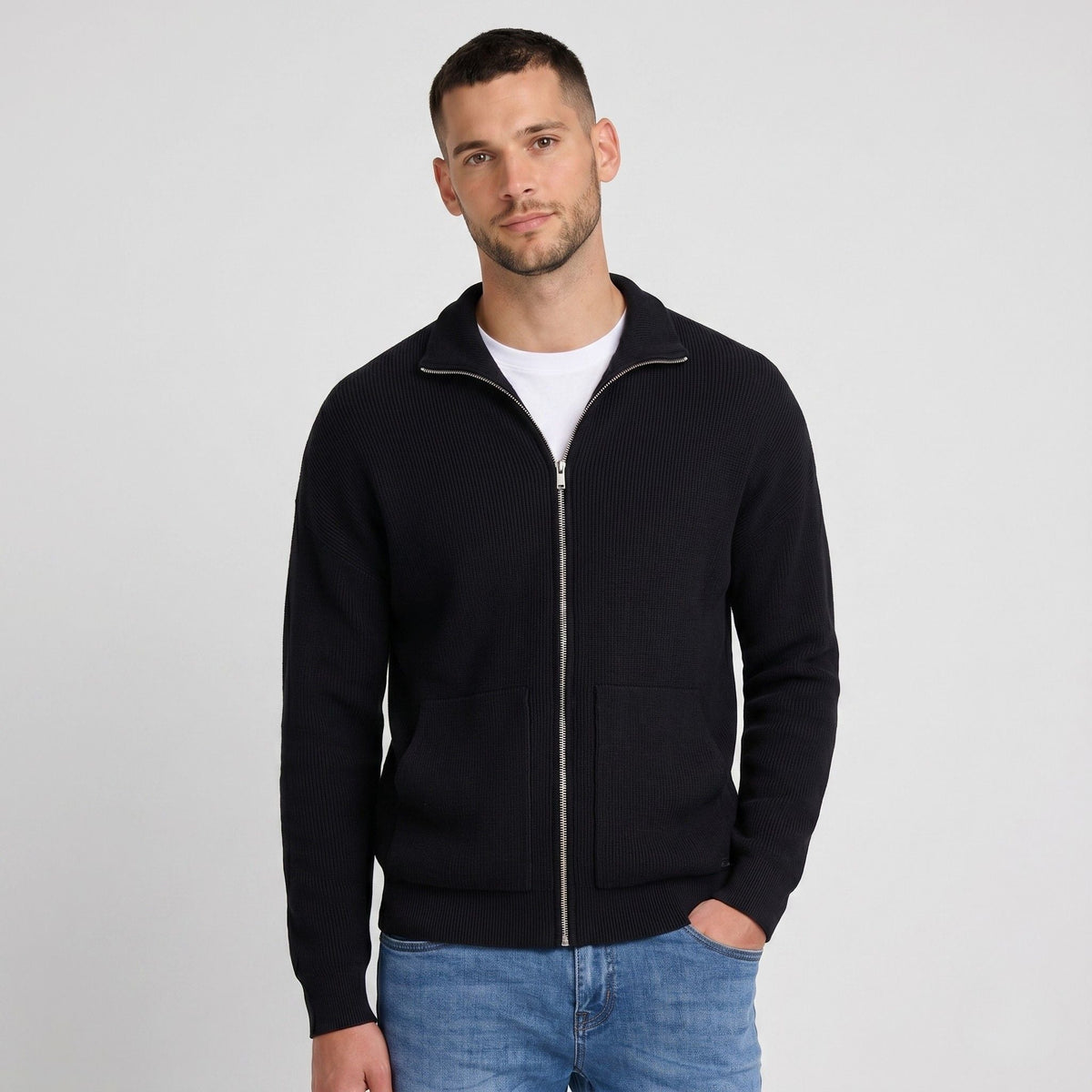Men's Ribbed Knit Zip-Up Cardigan