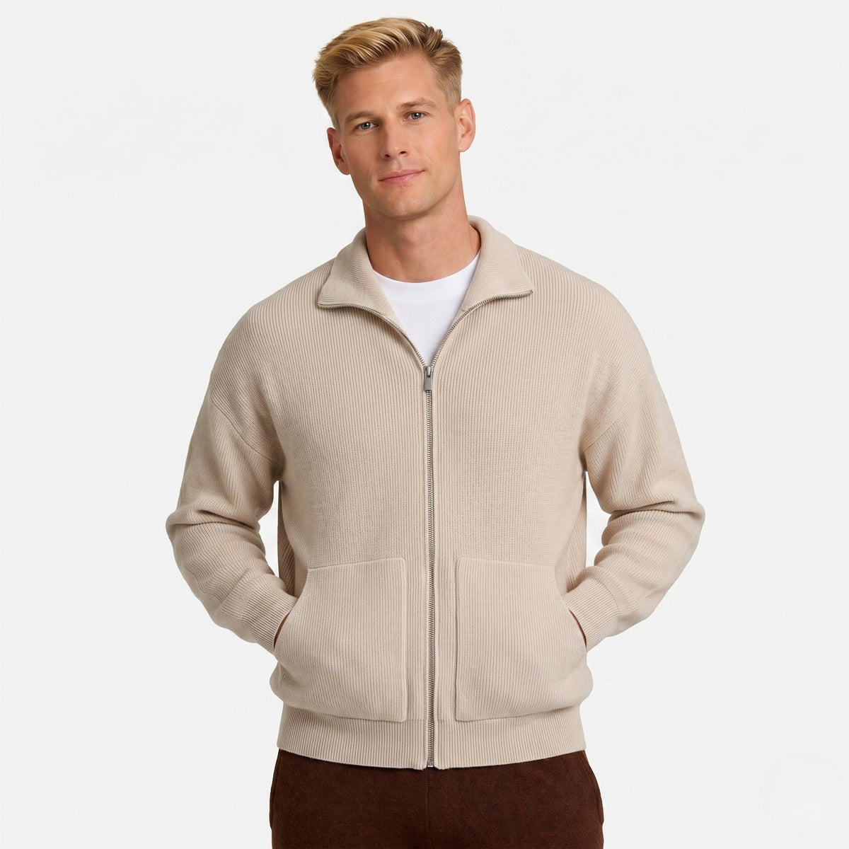 Men's Ribbed Knit Zip-Up Cardigan