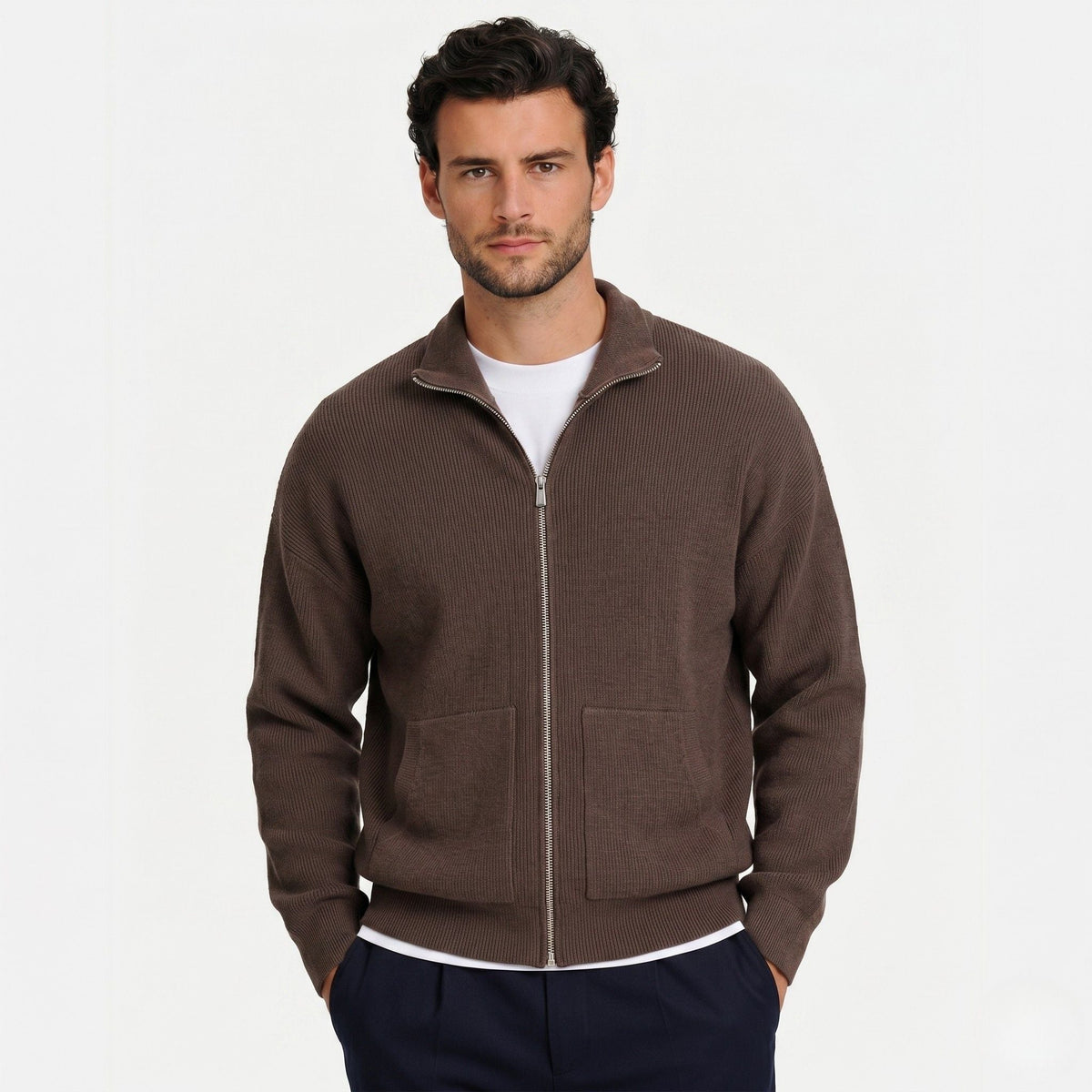 Men's Ribbed Knit Zip-Up Cardigan