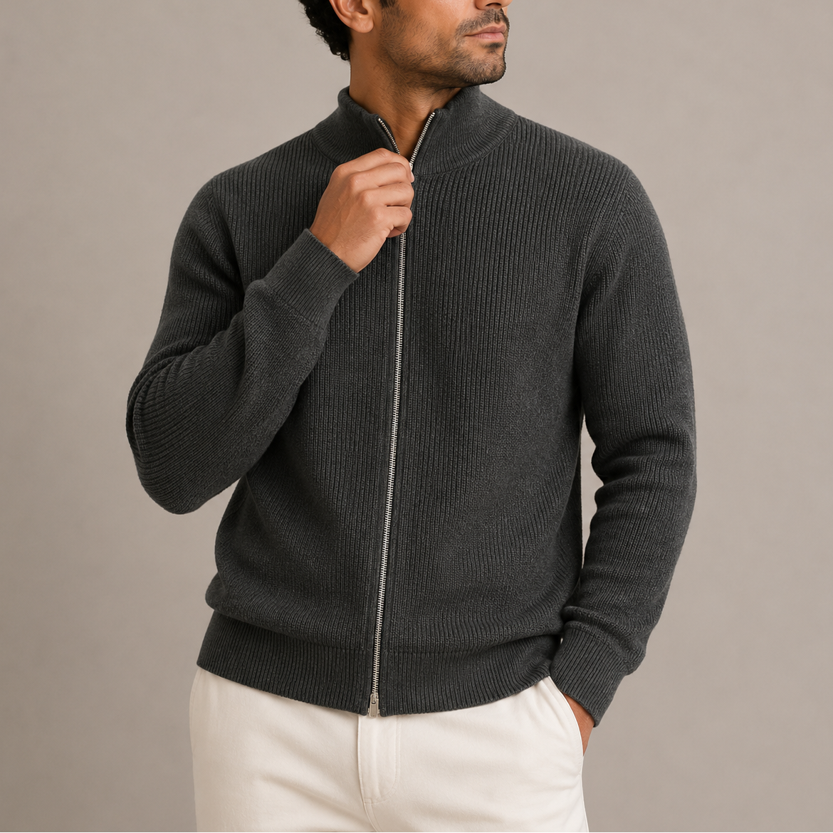 Men's Ribbed Knitted Sweater Zip-Up Cardigan
