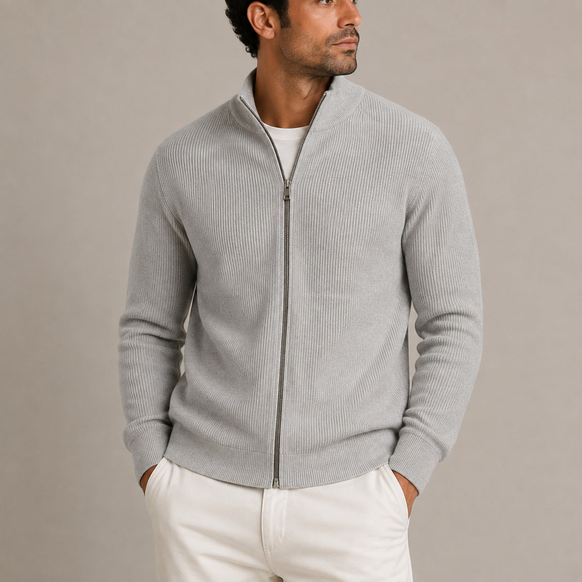 Men's Ribbed Knitted Sweater Zip-Up Cardigan