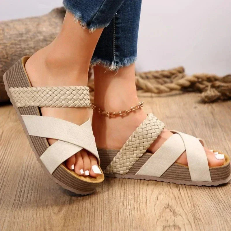 Comfortable Platform Sandals with Woven Cross Strap and Chunky Sole