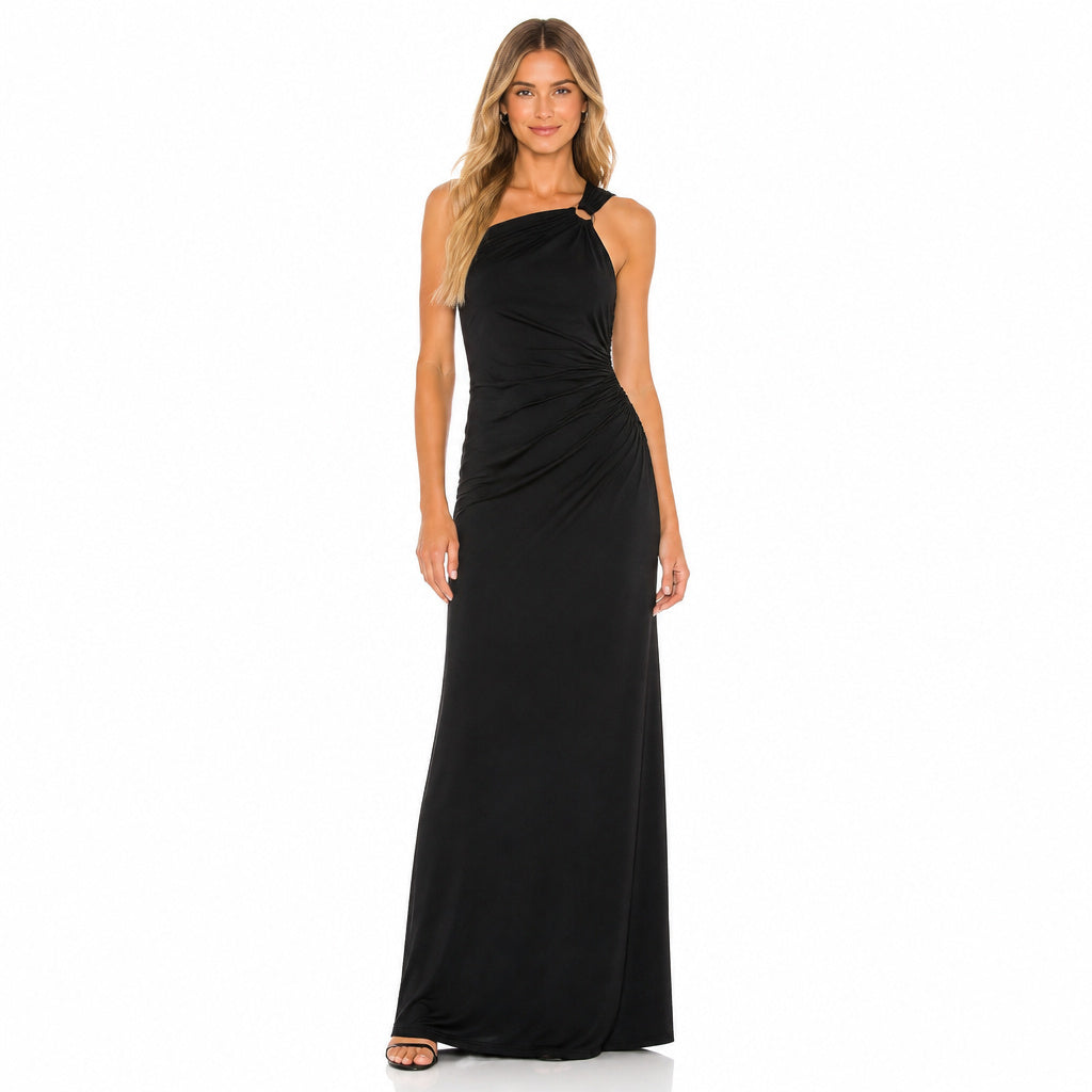 One Shoulder Ruched Column Maxi Dress