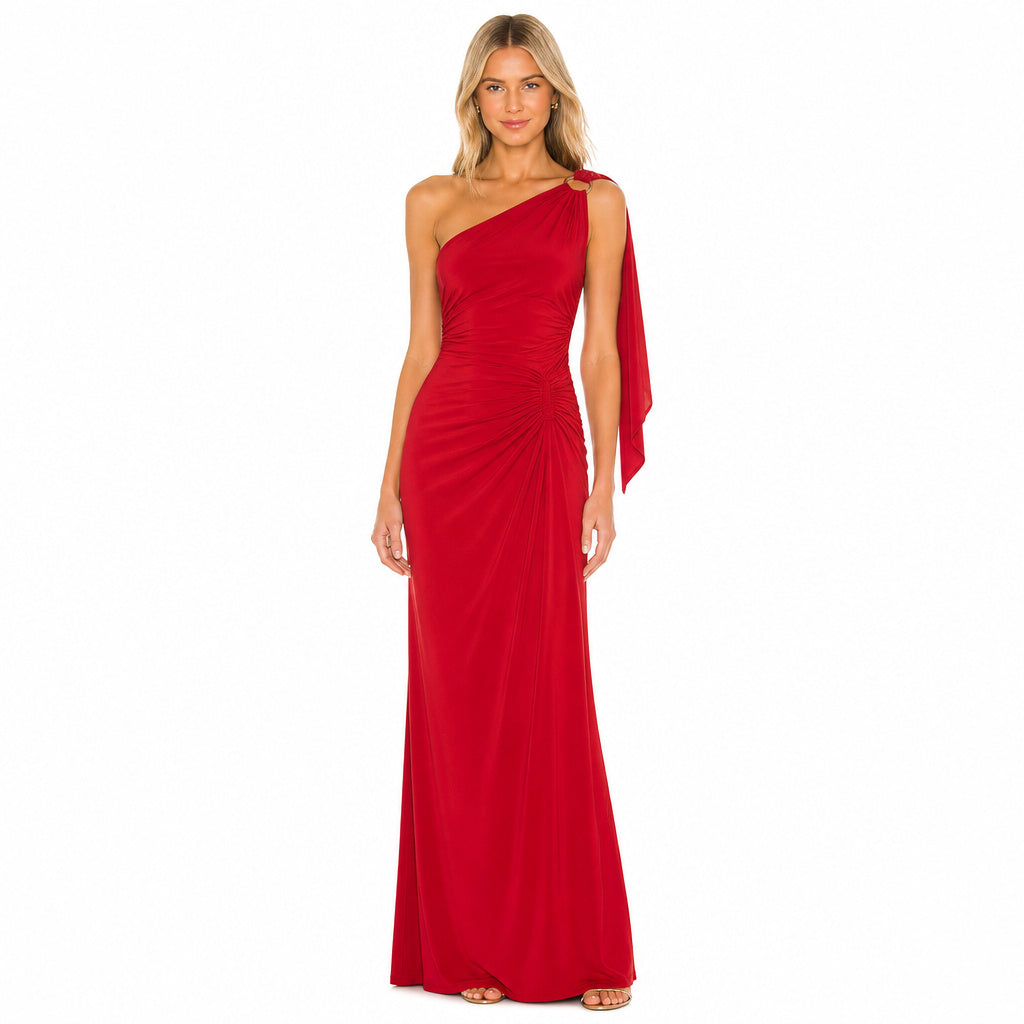 One Shoulder Ruched Column Maxi Dress