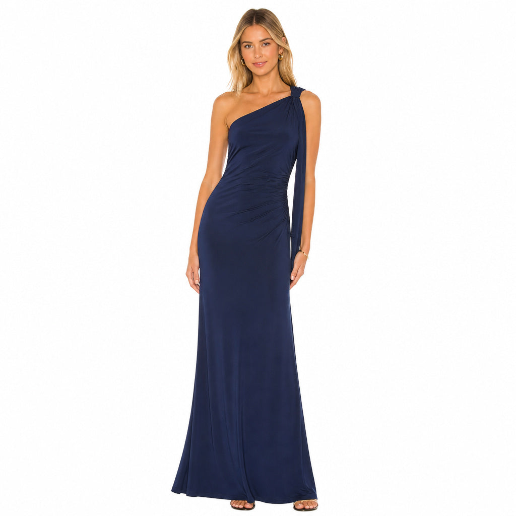 One Shoulder Ruched Column Maxi Dress