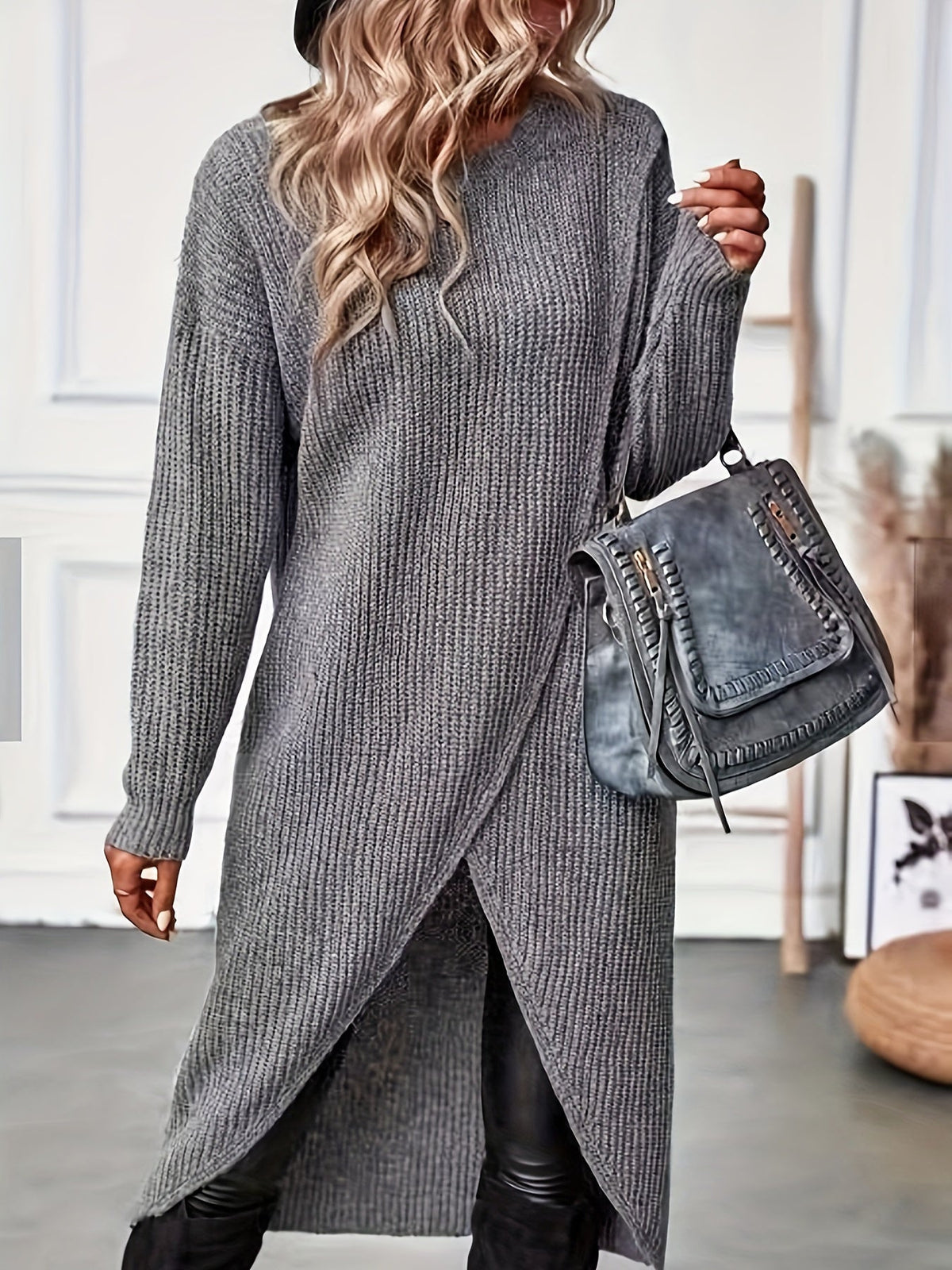 Oversized Round Neck Knit Midi Dress