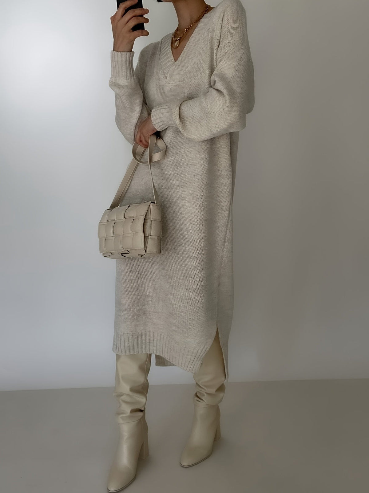 Oversized V Neck Knit Midi Dress