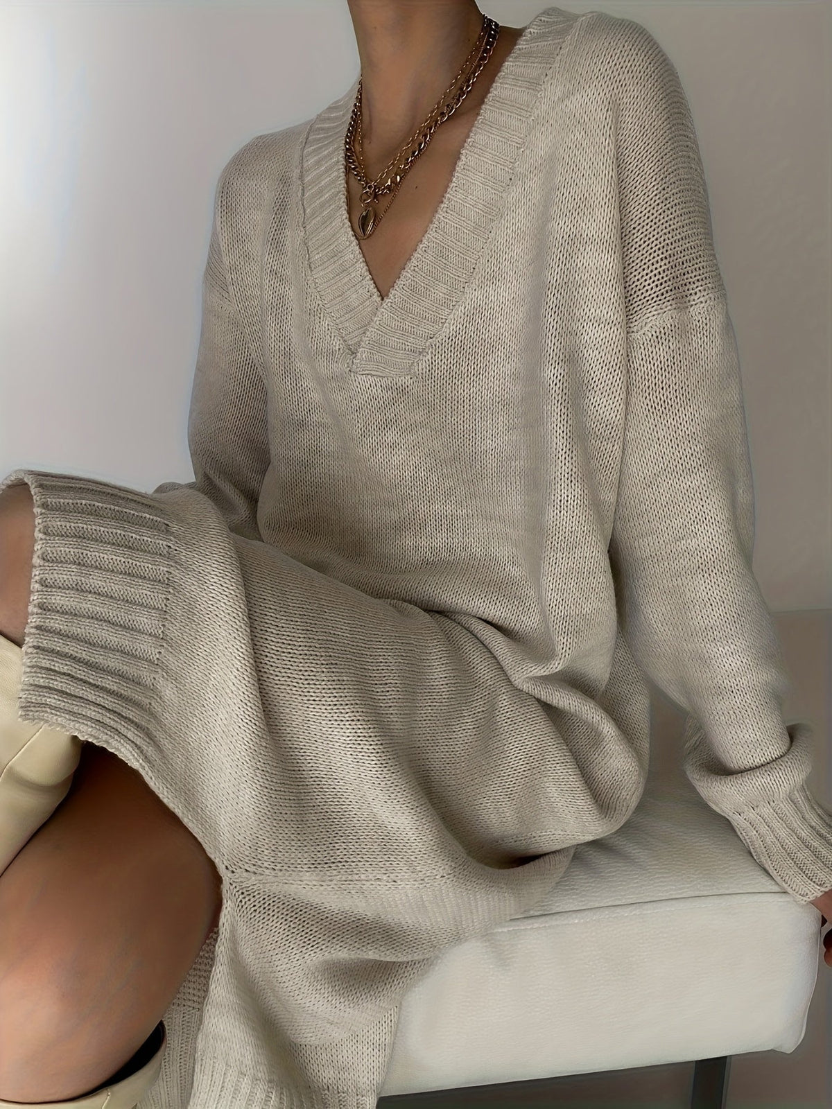 Oversized V Neck Knit Midi Dress