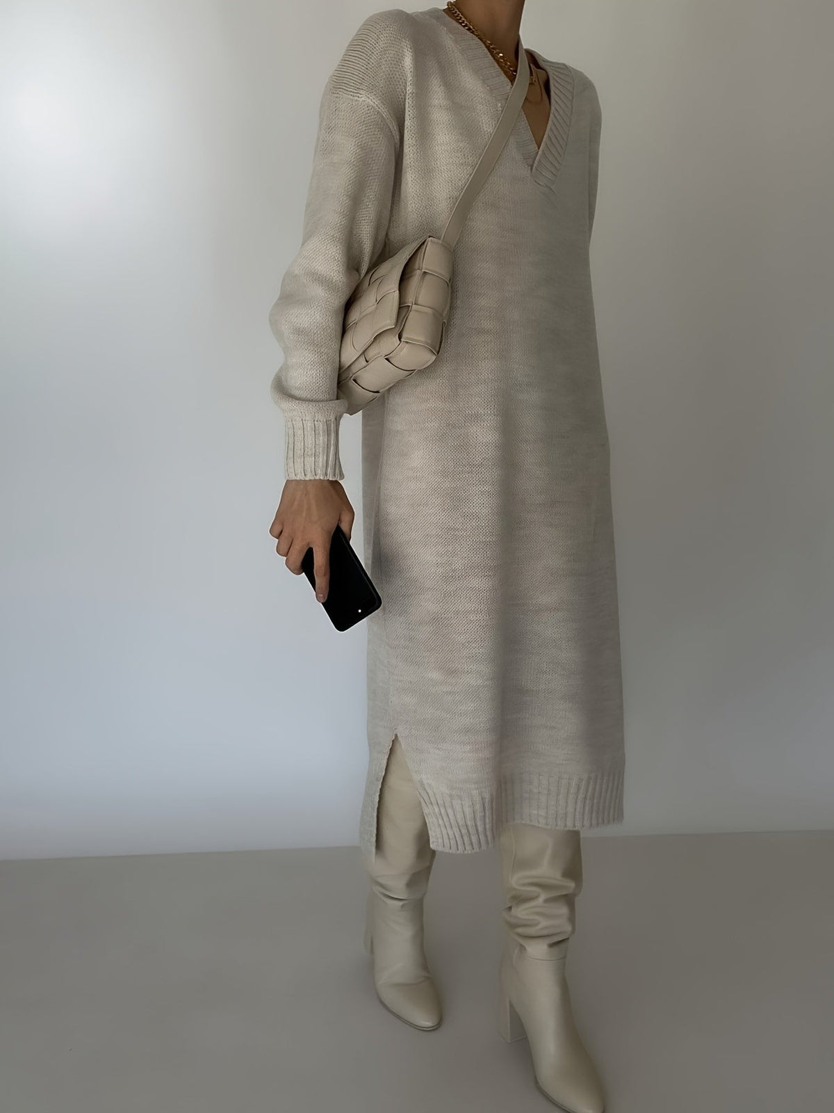 Oversized V Neck Knit Midi Dress