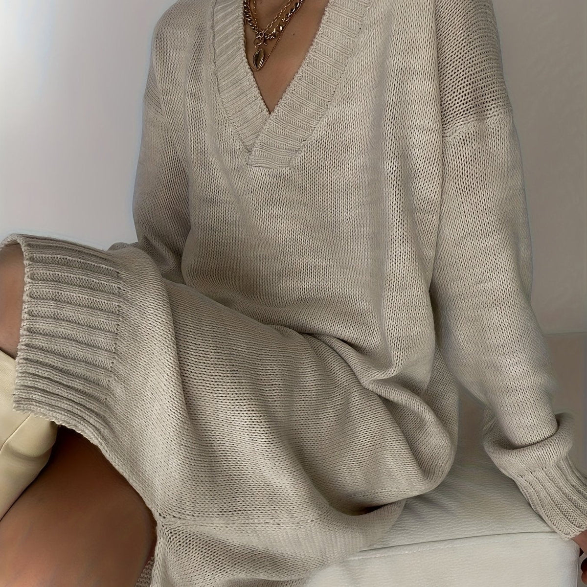 Oversized V Neck Knit Midi Dress
