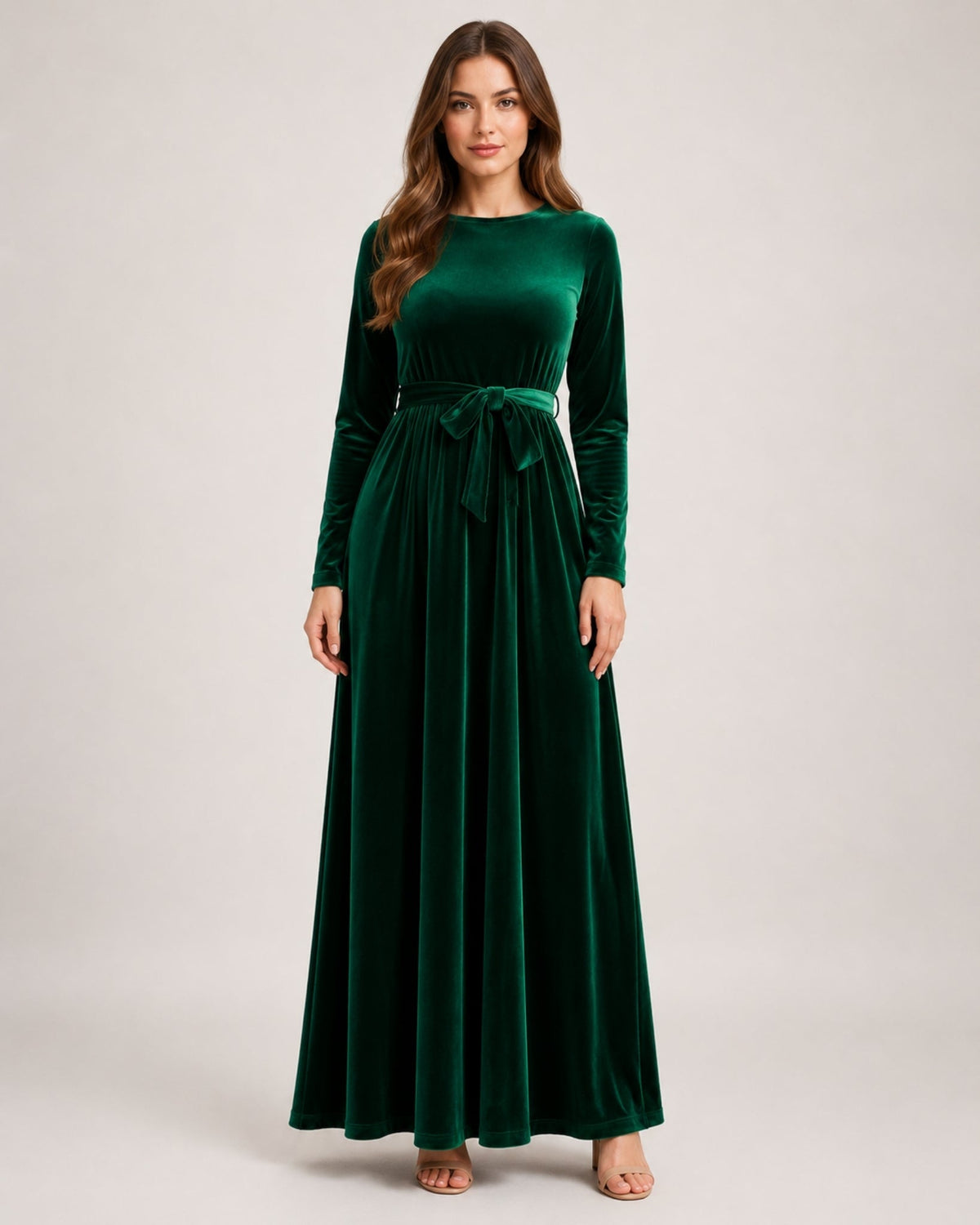 Round Neck Belted Long Sleeve Velvet Maxi Dress