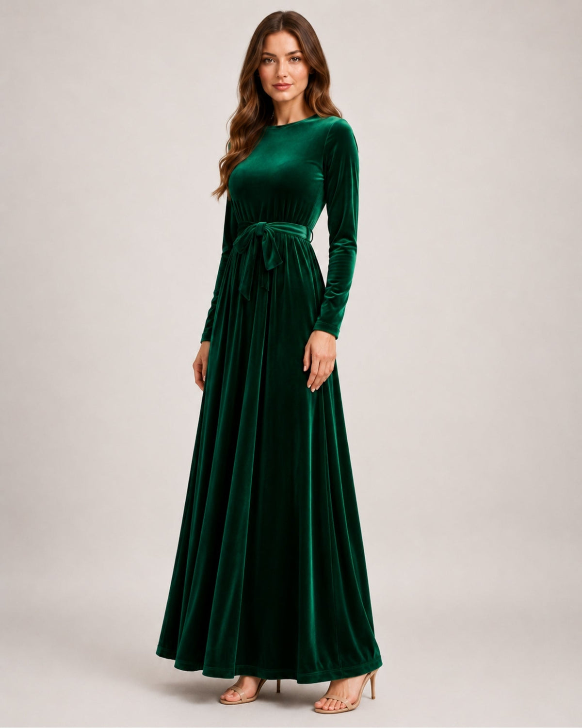 Round Neck Belted Long Sleeve Velvet Maxi Dress