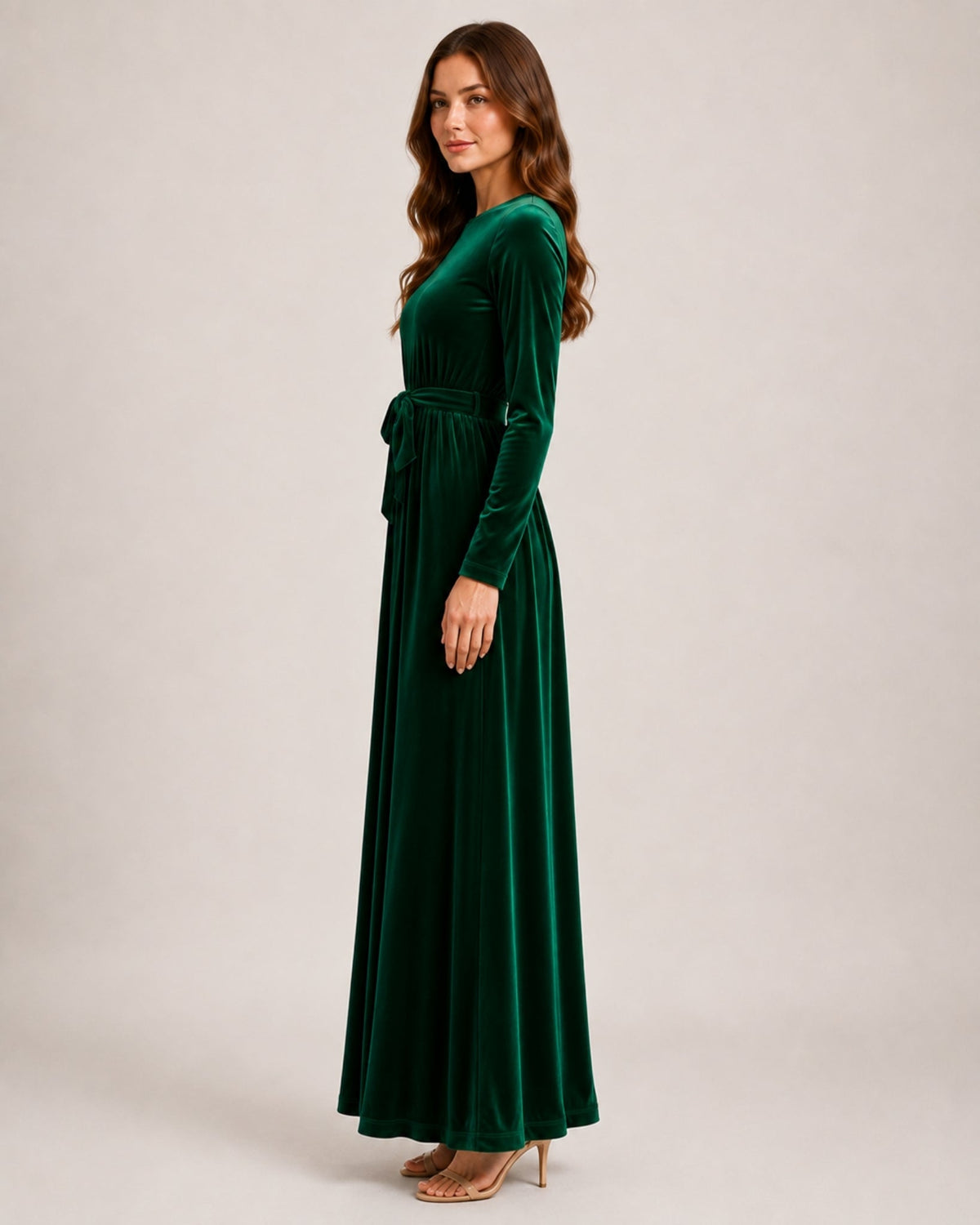 Round Neck Belted Long Sleeve Velvet Maxi Dress