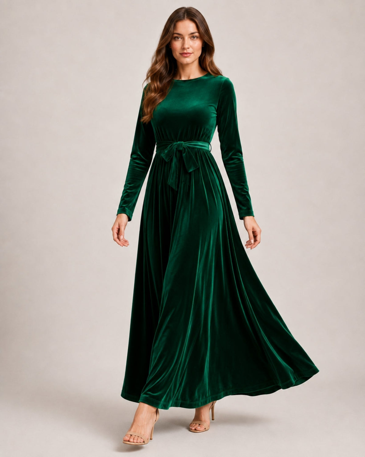 Round Neck Belted Long Sleeve Velvet Maxi Dress