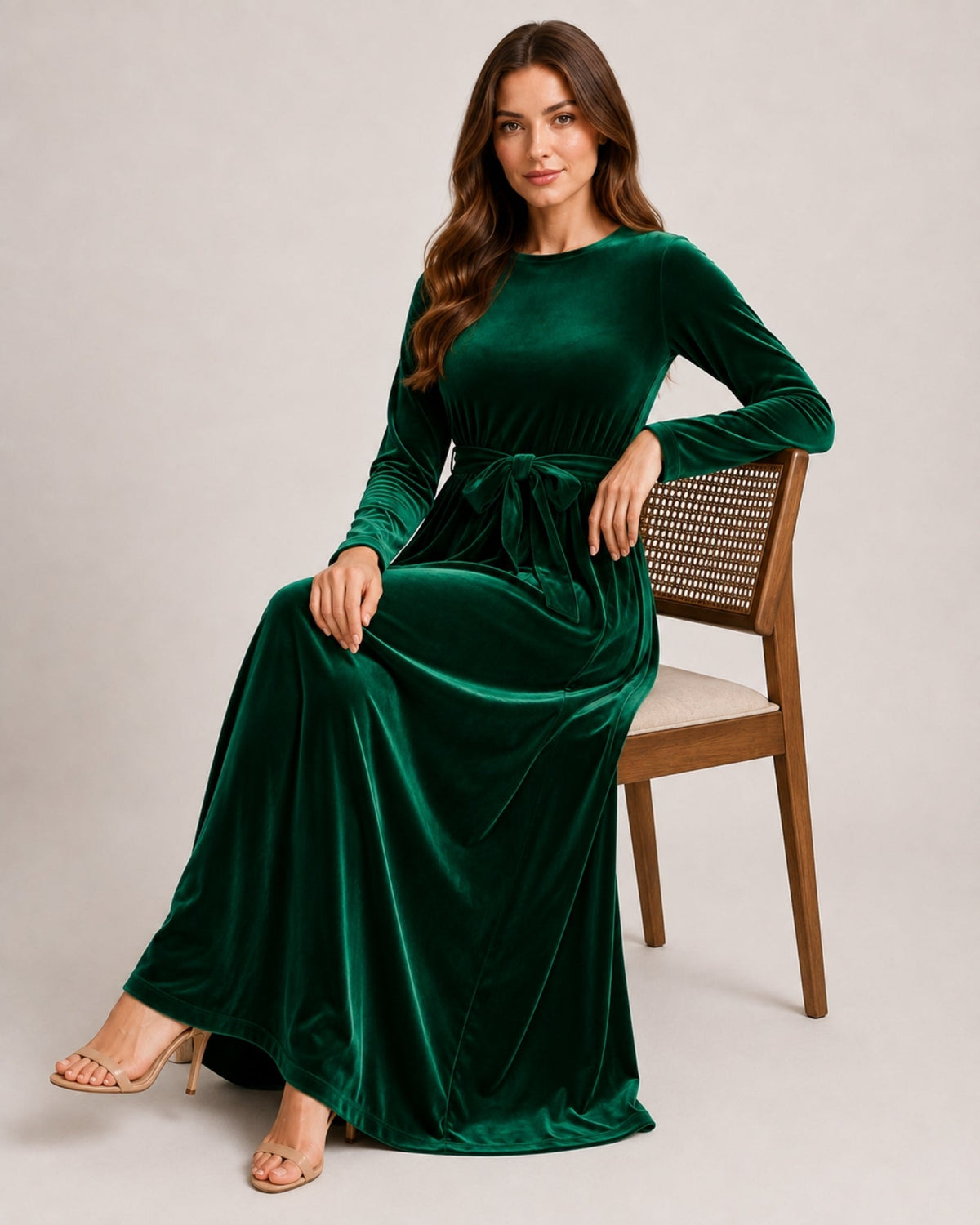 Round Neck Belted Long Sleeve Velvet Maxi Dress